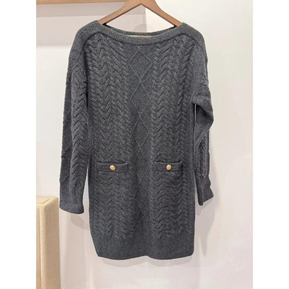 J.Crew Womens S Charcoal Wool Alpaca Boat Neck Relaxed Cable Knit Sweater Dress - Picture 1 of 8
